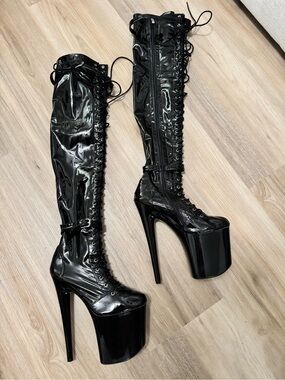 Burju Lexx Lace Up 8” Platform Thigh High Boots in Black Wet Look - New